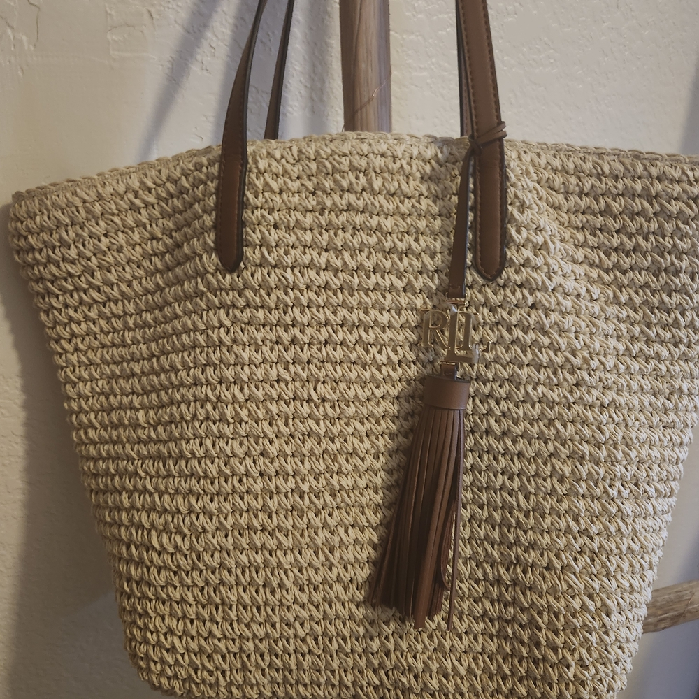 Ralph Lauren Tan Woven Tote with Brown Handles